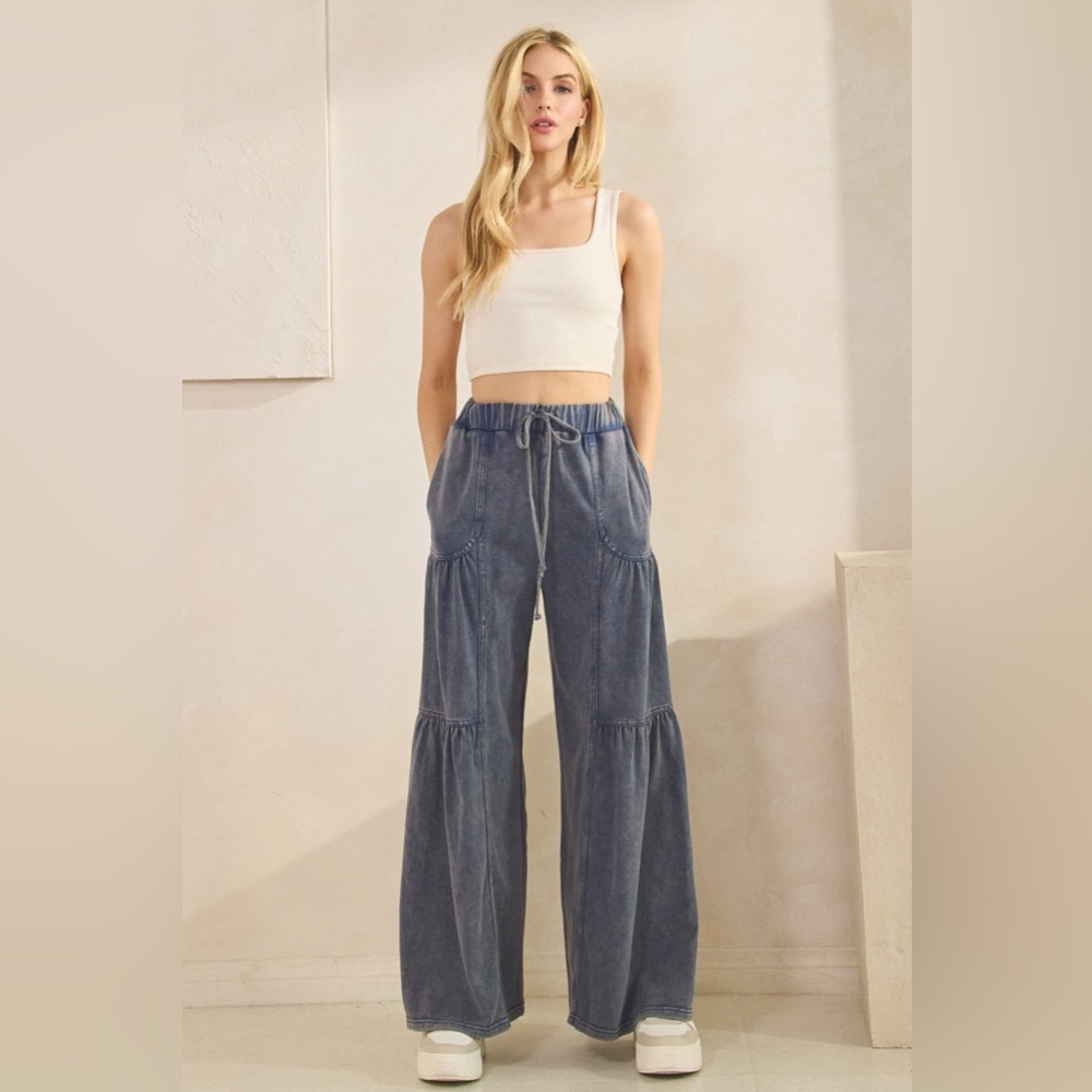 SF07 Last 1! Washed Tiered Blue Wide Leg Pants